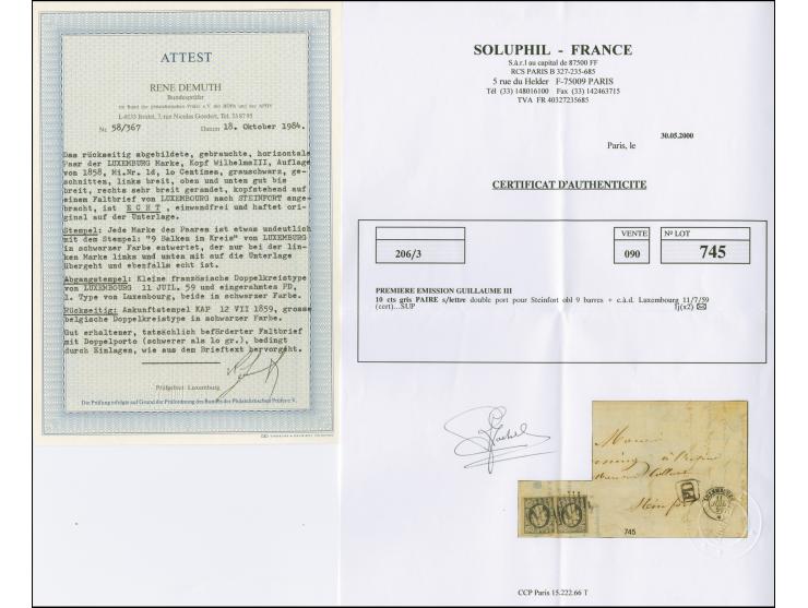 10 c. gray-black, horizontal pair with good to large margins, tied by circle of bars with adjacent &nbsp;"LUXEMBOURG 11 JUIL 