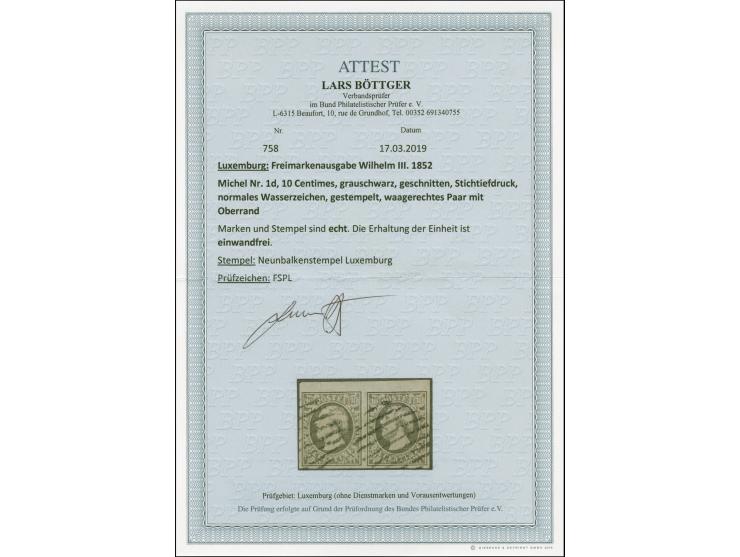 10 c. grey-black, horizontal pair, large margins with ca. 4 mm sheet margin at top, neatly cancelled by circle of bars. Very 