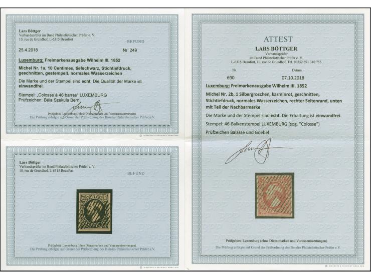 10 c. deep black and 1 sgr. carmine red, both with ample to large margins, cancelled by 'Colosse' of 46 bars, very fine. Seve