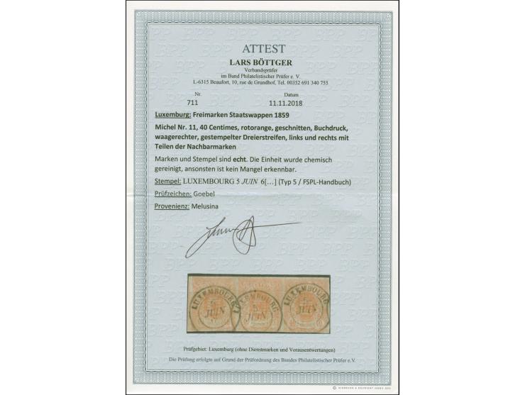 40 c. orange, horizontal strip of 3, ample to large margins, with part of neighbours stamp at left, cancelled by clear c.d.s.