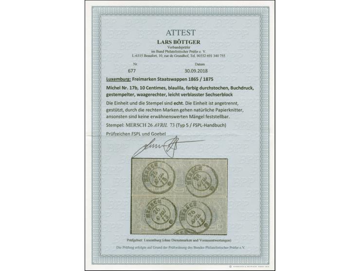 10 c. grey-blue, vertical block of 6, colour very slightly faded, used with clear strikes of c.d.s. "MERSCH 26 AVRIL 73". Rou