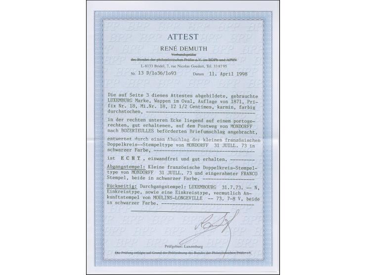 12½ c. rose, tied by c.d.s. "MONDORF 31 JUIL 73" to small envelope to Rozerieulles near Metz, with adjacent boxed "FRANCO". V