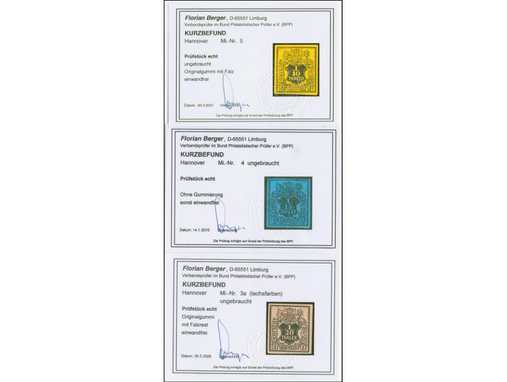 1/30 Th. auf lachsfarben, 1/15 Th. auf blau und 1/10 Th. auf gelb, alle farbfrisch und voll- bis breitrandig, ungebraucht, 1/