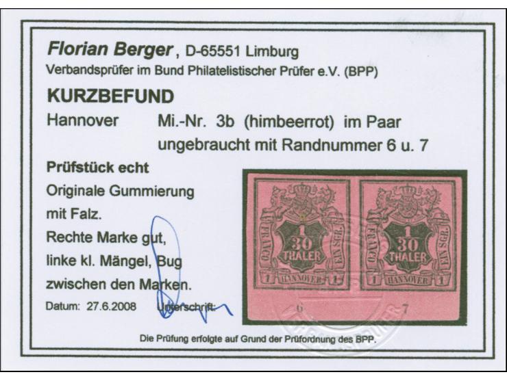 1/30 Th. auf himbeerfarben, Rekonstruktion des unteren Bogenrandes mit Reihenzählern “1”-”10”, dabei ein ungebrauchtes waager