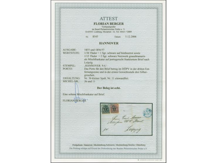 1/30 Th. auf himbeerfarben in Mischfrankatur mit 1/15 Th. &nbsp;blau genetzt, beide voll- bis breitrandig, mit DKr. “HANNOVER