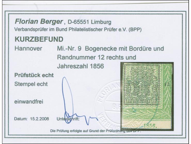 1 Ggr., olivgrün genetzt, rechte obere und rechte untere Bogenecke, letztere mit Jahreszahl “1856”, (noch) voll- bis breitran