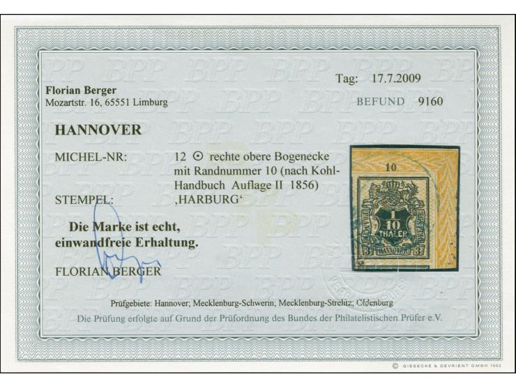 1/10 Th., allseits breit- bis überrandige &nbsp;rechte obere Bogenecke mit Teilen von zwei Nachbarmarken, leicht entwertet “H