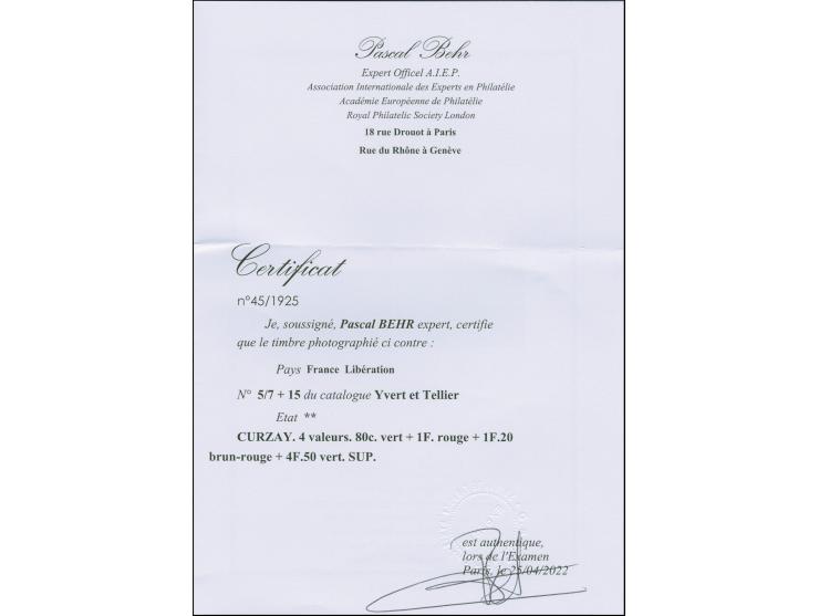 1944, CURZAY: Local liberation issue 4 stamps overprinted “RF”, Petain 80 c. to 4,50 fr., mint never hinged, very fine. Cert.