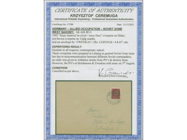 1945, Holzhausen-Ausgabe 6-12 Pfg. kpl. je mit Stempel “ZWENKAU 3.8.45” bzw. “ZWENKAU 4.8.45” auf drei Blanko-Karte bzw. Blan