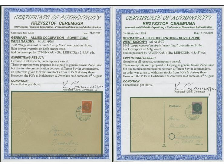 1945, Holzhausen-Ausgabe 6-12 Pfg. kpl. je mit Stempel “ZWENKAU 3.8.45” bzw. “ZWENKAU 4.8.45” auf drei Blanko-Karte bzw. Blan