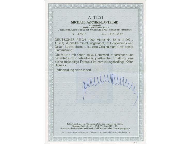 1900, Germania 10 Pfg. dunkelkarminrot, ungezähntes Oberrandstück, mit Doppeldruck, davon einer kopfstehend, postfrisch, tade