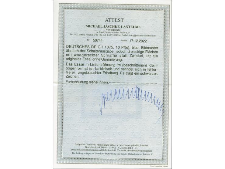 1875, 10 Pfg. Essay Bildmuster ähnlich der Schalterausgabe (dreieckige Flächen mit waagerechter Schraffierung) in blau mit Kl