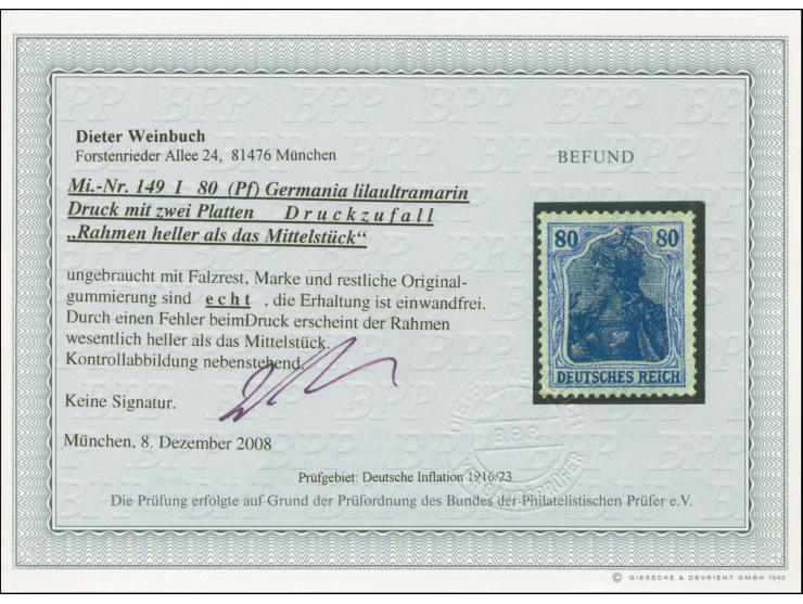 1918, Germania 80 Pfg. lilaultramarin, mit markant abweichendem, hellgrauultramarinfarbenem Rahmen, entstanden durch ungenüge