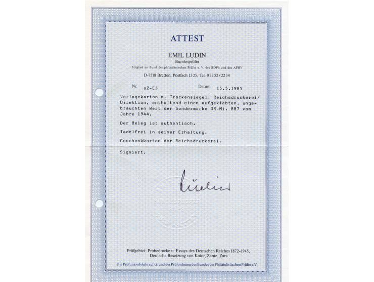 1944, Hitler 55. Geburtstag 54 Pfg. magenta, sauber mit Falz auf Vorlagekarton der Reichsdruckerei mit Trockensiegel, tadello