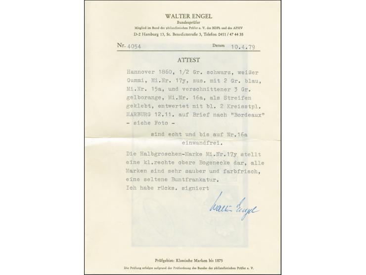 ½ Gr. schwarz, allseits breitrandiges rechtes Randstück aus der Bogenecke, seitlich mit Reihenzähler "1", mit 2 Gr. blau und 