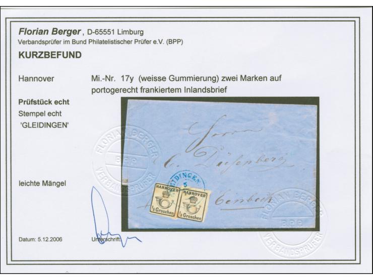 ½ Gr., 2 Einzelwerte, je einseitig berührt bzw. lupenrandig, mit DKr. "GLEIDINGEN 5/10" auf komplettem Faltbrief nach Einbeck