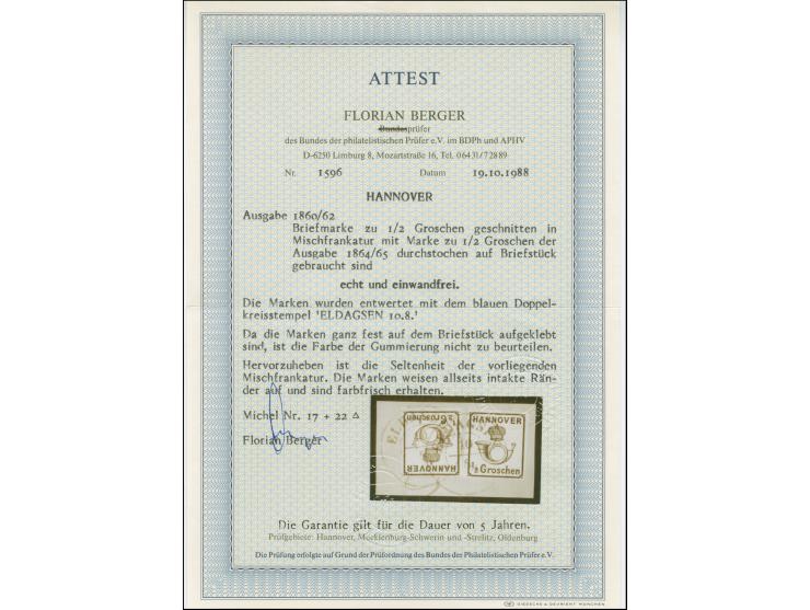 ½ Gr., voll- bis breitrandig, in wertstufengleicher Mischfrankatur mit 1864, ½ Gr. durchstochen, mit DKr. "ELDAGSEN 10/8" auf