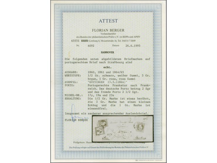 ½ Gr., oben berührt, sonst voll- bis breitrandig, mit Kopfausgabe 3 Groschen braun, voll-bis breitrandig, und durchstochener 