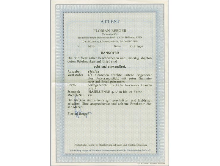 ½ Gr., rosa Gummierung, rechte untere Bogenecke und unteres Randstück, beide voll- bis breitrandig, mit ca. 4/6 mm Bogenrände