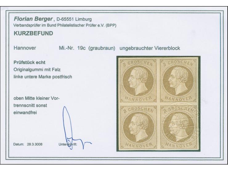 3 Gr. graubraun im Viererblock, farbfrisch und voll- bis meist breitrandig, ungebraucht mit Originalgummi, ein Wert postfrisc