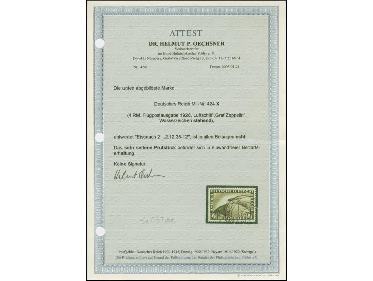 1928, Zeppelin 4 Mark mit stehendem Wasserzeichen (2X), sauber gestempelt “(EIS)ENACH 2 …2.12.35”, Marke oben mit kleiner Zah