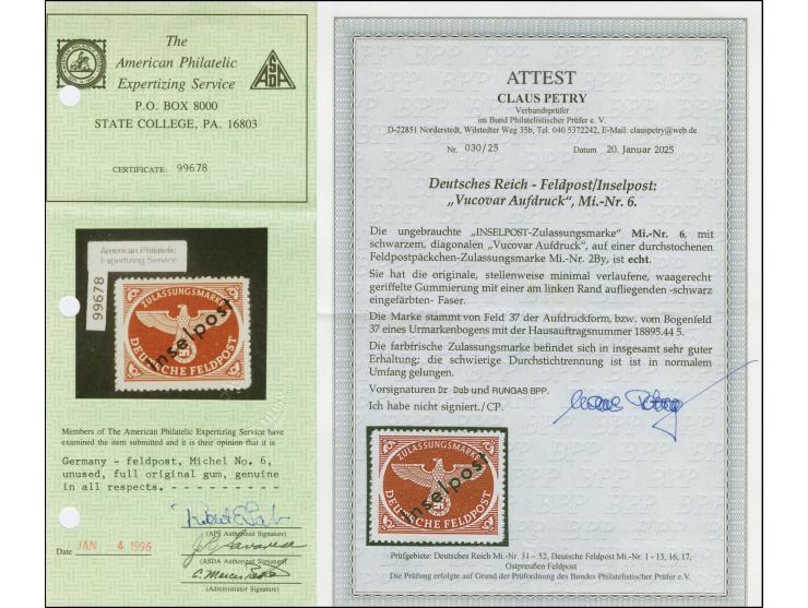 1944, Vukovar-Aufdruck, ungebraucht, in tadelloser Erhaltung, signiert Dr. Dub und Rungas BPP und Fotoattest Petry BPP (2025)