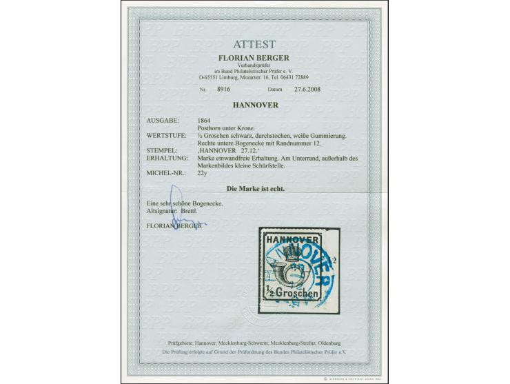 ½ Gr. schwarz, beide untere Bogenecken, jeweils sauber gestempelt "NIENBURG" bzw. "HANNOVER". Schöne und einwandfreie Erhaltu