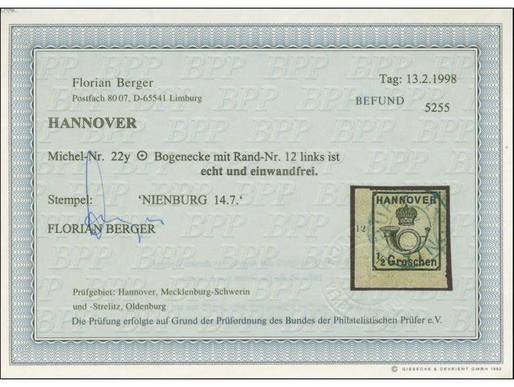 ½ Gr. schwarz, beide untere Bogenecken, jeweils sauber gestempelt "NIENBURG" bzw. "HANNOVER". Schöne und einwandfreie Erhaltu