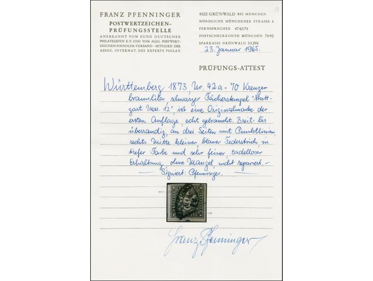 1873, 70 Kr. braunlila, farbfrisch, mit guter Wappenprägung, allseits breitrandig geschnitten, mit dreiseitigseitig vollen Tr