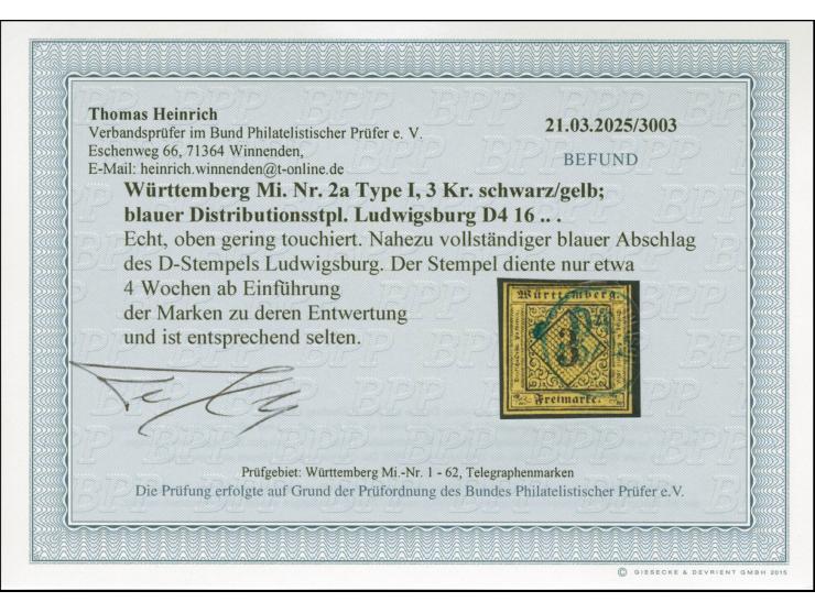 Ludwigsburg, Distributionsstempel “D4 16…" sauber und fast vollständig auf 1851 3 Kr. hellgelb, farbfrisch, oben gering touch
