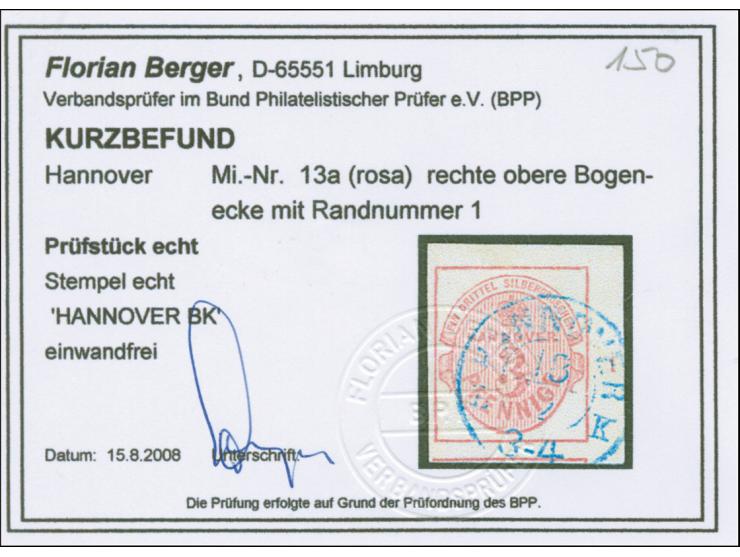 3 Pfg. rosa, farbfrische und breit- bis überrandige rechte obere Bogenecke mit Reihenzähler "1", sehr schön entwertet durch D