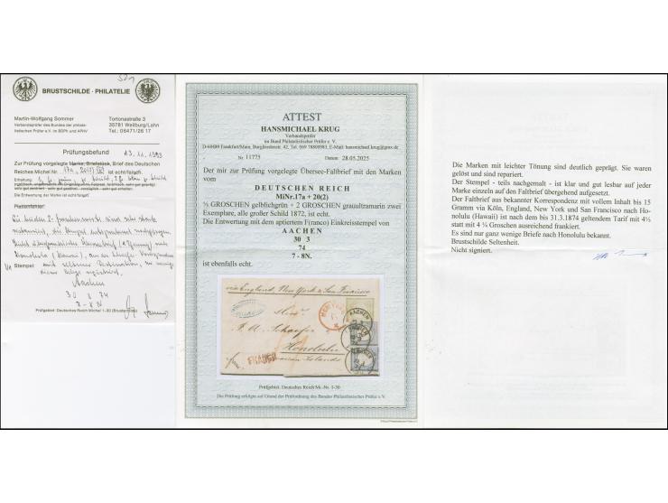 ⅓ Groschen gelblichgrün und zwei Einzelwerte 2 Groschen grauultramarin je mit EKr. “AACHEN 30.3.74” auf leicht überfrankierte