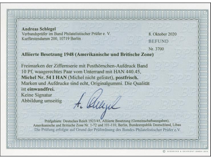 10 Pfg. im waagerechten Unterrandpaar mit HAN “440.45”, postfrisch und einwandfrei, im Michel nicht gelistet und im ProFi kei