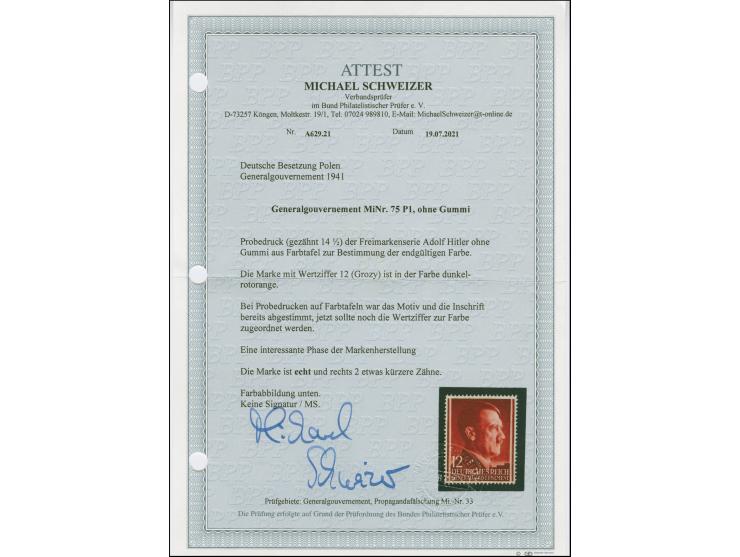 1941, Hitler 12 Gr., Farbprobe in dunkelrotorange, Linienzähnung 12, ohne Gummi, zwei gering verkürzte Zähne, sonst tadellos,