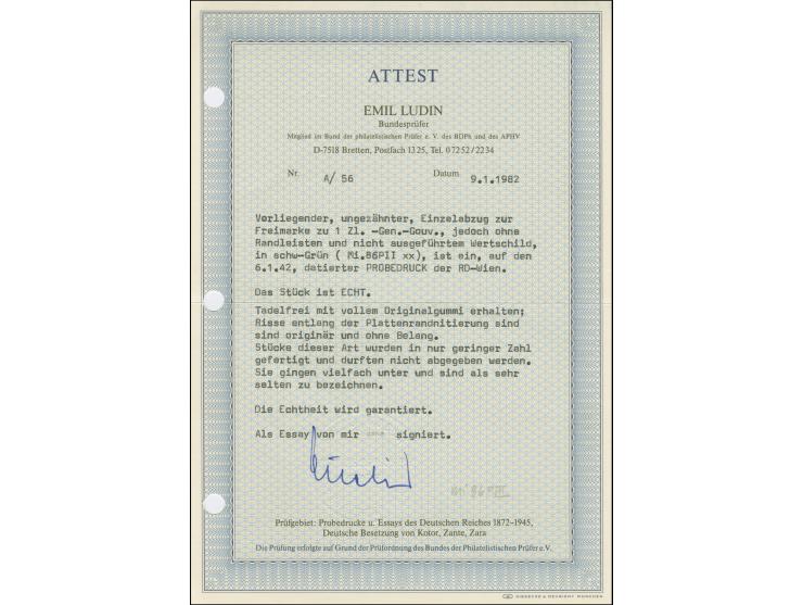 1942, Hitler Probedruck in schwarzgrün als Einzelabzug vom Urstöckel im Kleinbogenformat (82x125mm), ohne Wertangabe und nich