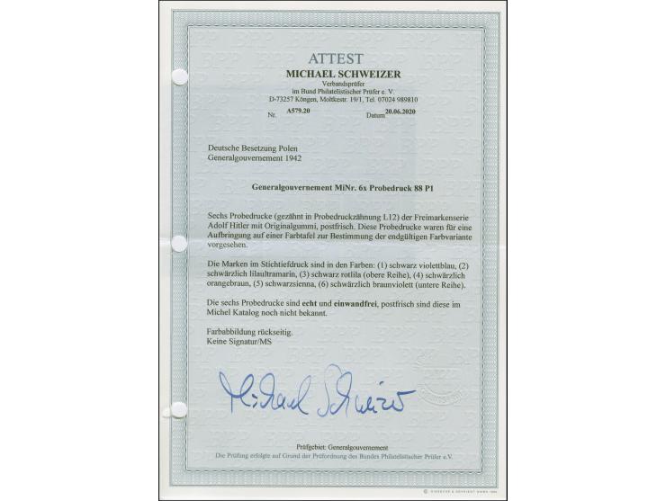 1942, Hitler 1,60 Zl., Farbproben in schwarzviolettblau, schwärzlichlilaultramarin, schwarzrotlila, schwarzlichorangebraun, s