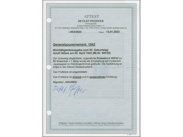 1942, 53. Geburtstag von Adolf Hitler 50 Gr. blau, als Einzelabzug im Kleinbogenformat (62x100mm) auf Japanpapier, ungummiert