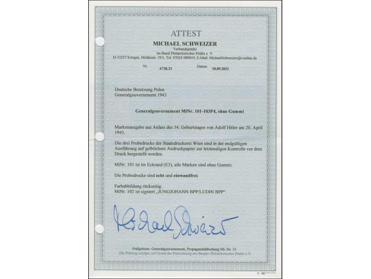 1943, 54. Geburtstag von Adolf Hitler 12-84 Gr., ungezähnte Maschinenproben auf gelblichem, holzhaltigen Papier, 12 Gr. mit S