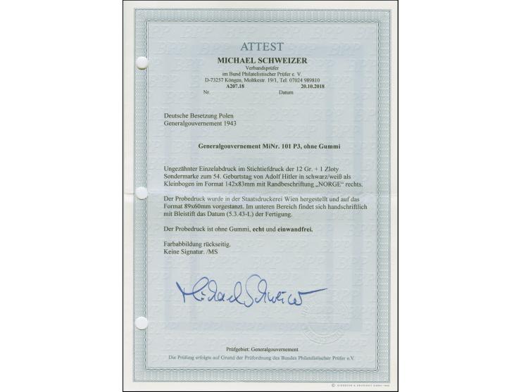 1943, 54. Geburtstag von Adolf Hitler 12 Gr. schwarz, ungezähnter Einzelabzug in Kleinbogenform, rechts im Rand mit Druck “NO