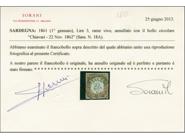 1861, 3 l. “rame vivo”, four large balanced margins, centrally-struck “Chiavari” c.d.s. (22 Nov, 1862), rich colour, a lovely