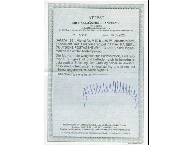 Krone/Adler 50 Pfennig lebhaftbraunrot im waagerechten 6er-Block mit Stempel “APIA KDPAg ** 9.12.91”, die farbfrische Einheit