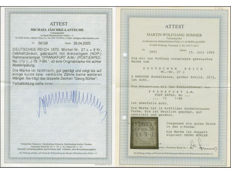 9 Kr. lebhaftbraun, farbfrisch und gut geprägt, sauber mit Ra3 “(FRAN)KFURT A.M. (POST)EXPED. NO. …73” entwertet, einige geri