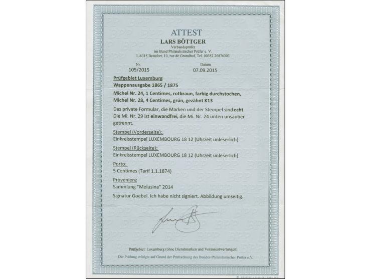 Rouletted in colour 1 c. brown in combination with 1875, perforated, 4 c. green, tied by cds. "LUXEMBURG 18 (12) 75" to priva