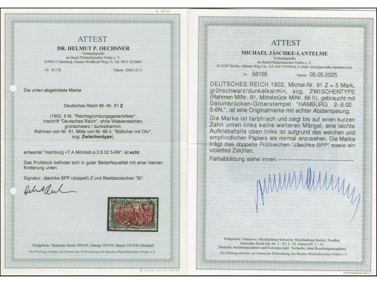 5 M. grünschwarz/dunkelkarmin, Zwischentype (Rahmen Mi.-Nr. 81, Mittelstück Mi.-Nr. 66 II), farbfrisch und bis auf einen kurz