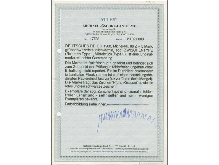 5 M. grünschwarz/bräunlichkarmin, Rahmen Type I, Mittelstück Type II ("Bötticher mit Ohr"), farbfrisch und gut gezähnt, saube