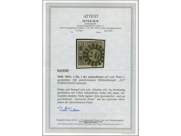 1849, 1 Kr. grauschwarz, Platte 2, farbfrisch und allseitig voll- bis breitrandig mit vollen Schnittlinien rechts und unten, 