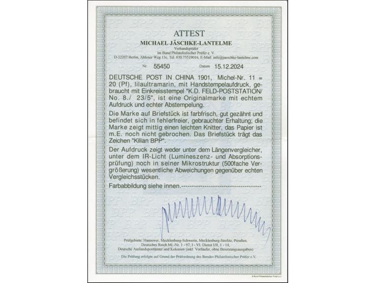 Handstempel 20 Pfennig mit Stempel “K.D.FELD.POSTSTATION No. 8 23.5.” auf Briefstück, die farbfrische Marke hat links eine le
