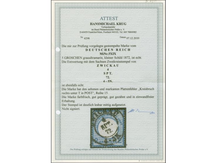 2 Gr. grauultramarin, farbfrisch und gut geprägt sowie gezähnt, mit markantem Plattenfehler “Kreisbruch unter T von POST”, sa