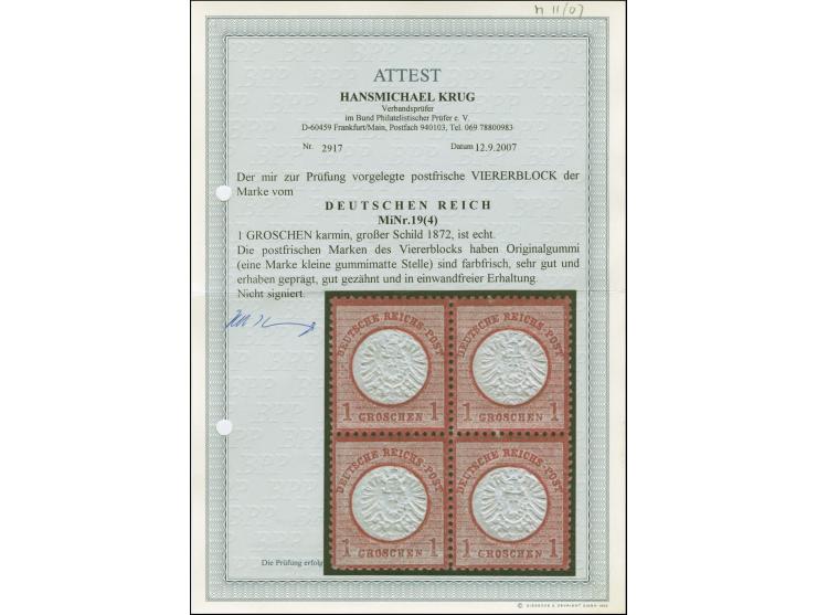 1 Gr. karmin, Viererblock, farbfrisch und sehr gut geprägt, gut gezähnt und zentriert, postfrisch, tadellos, unsigniert, Foto