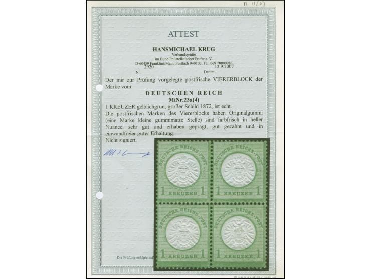 1 &nbsp;Kr. gelblichgrün, in schöner heller Nuance, Viererblock, farbfrisch und gut geprägt sowie gezähnt, postfrisch, unsign